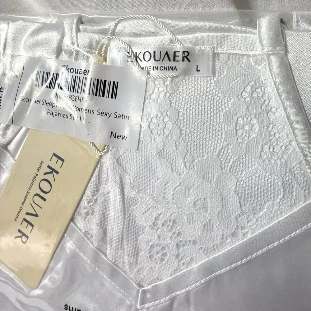 Ekouaer White Satin Pajama Set Cami and Shorts Large - Picture 3 of 5